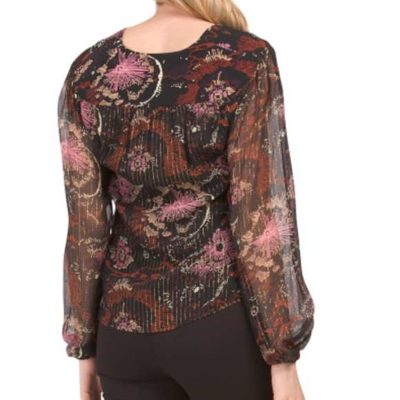 A.L.C. Mac Crinkle Silk Chiffon Floral V-Neck Top Sheer Sleeve Gold Size 14 - Picture 2 of 9